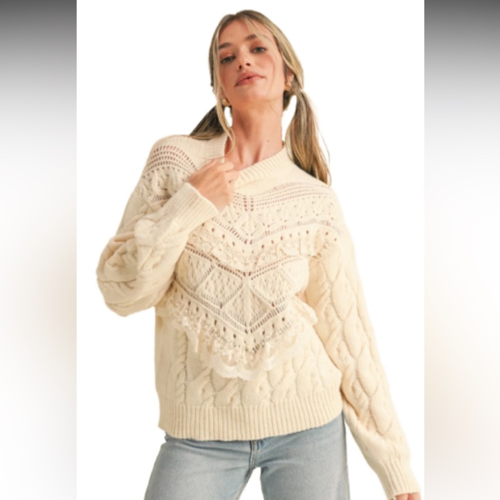 Mango Cream Open-Knit Cable-Detail Sweater